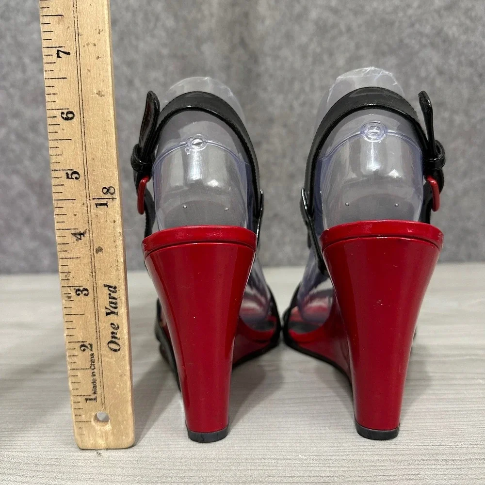 Stuart Weitzman Red Patent Leather Crisscross Slingback Wedge Sandals Women's 8 - Picture 6 of 10